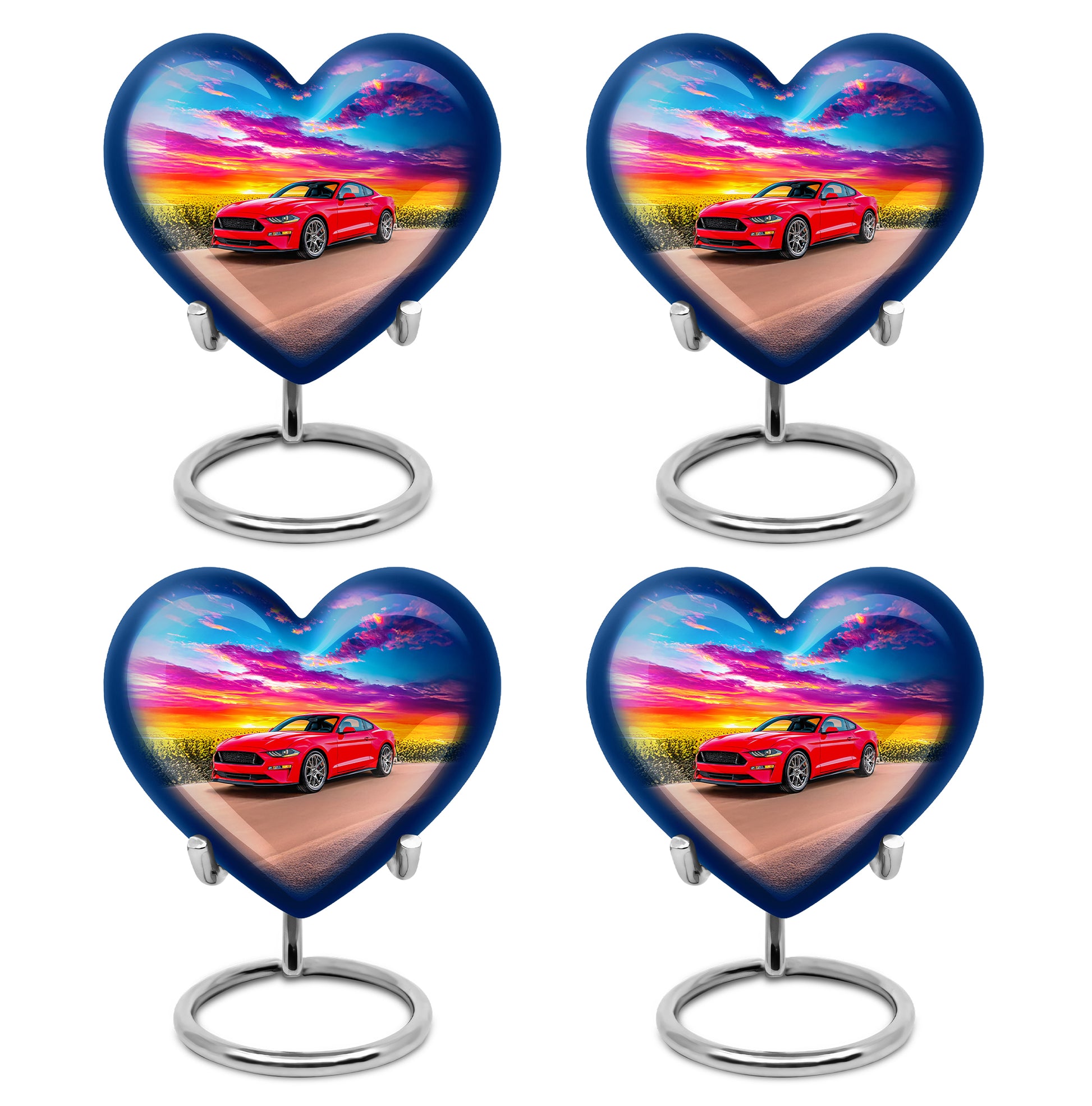 Navy Blue Car Cremation Urn angled view of lid and engraved motif - heart-shaped car design symbolizing eternal love - 10 inch aluminum urn for cremated remains