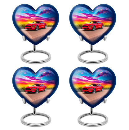 Navy Blue Car Cremation Urn angled view of lid and engraved motif - heart-shaped car design symbolizing eternal love - 10 inch aluminum urn for cremated remains