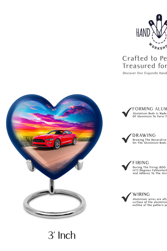 Vivid Blue Car Cremation Urn front view showing detailed design - compassionate heart-car combination with gentle curves - mini keepsake memorial for portion of cremation ashes