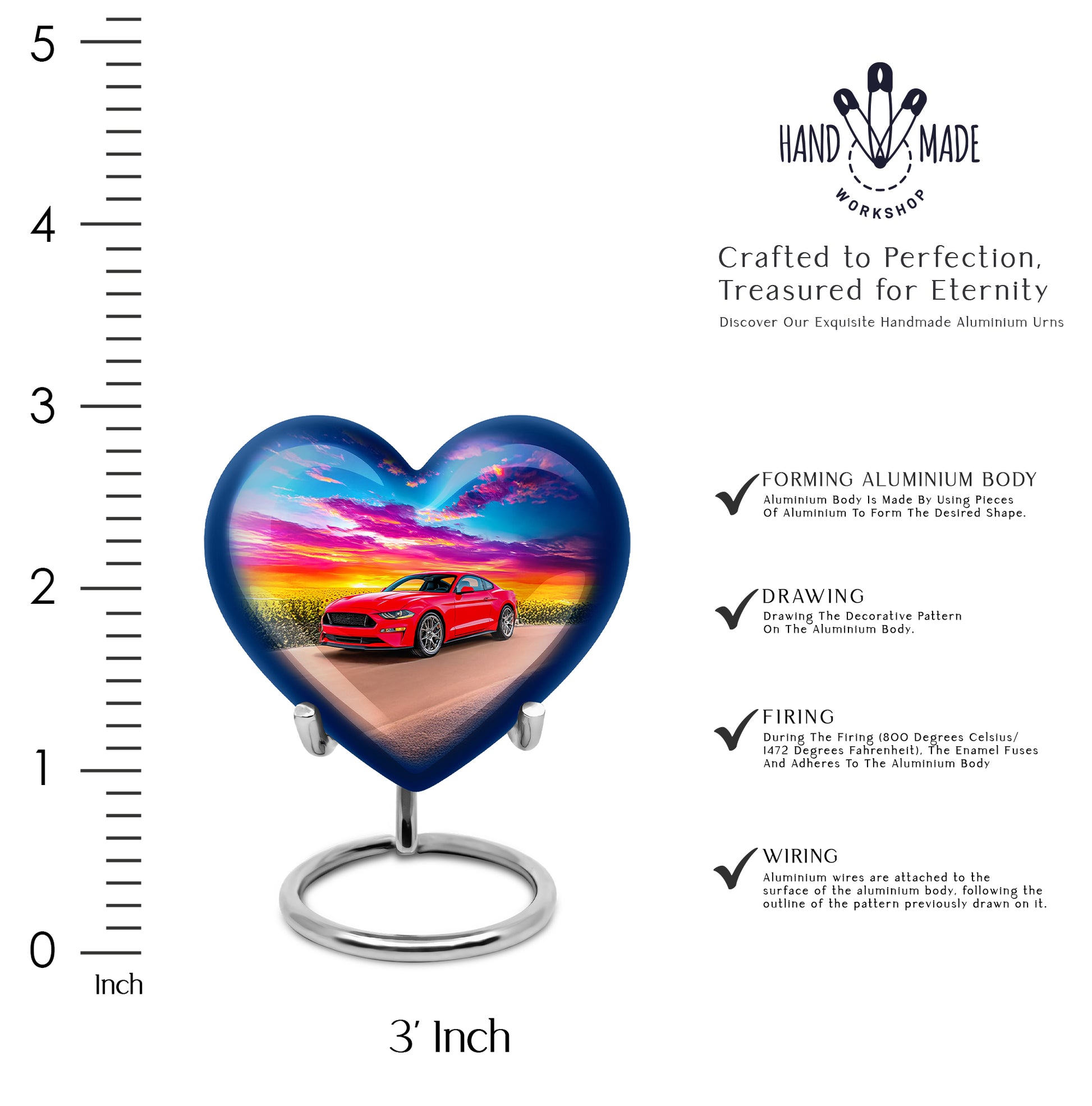 Vivid Blue Car Cremation Urn front view showing detailed design - compassionate heart-car combination with gentle curves - mini keepsake memorial for portion of cremation ashes