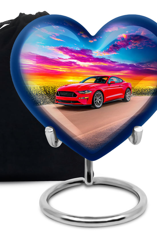 Vivid Blue Car Cremation Urn detail view - compassionate heart-car combination with gentle curves - full-size 10 inch 200 cubic inch adult cremation urn