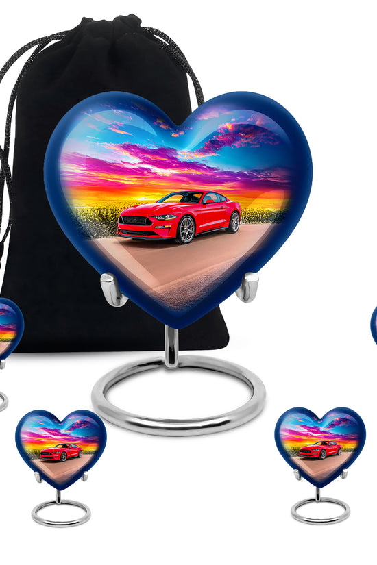 Navy Blue Car Cremation Urn close-up of engraving and surface detail - loving heart memorial featuring car pattern - memorial set with one large and four small urns