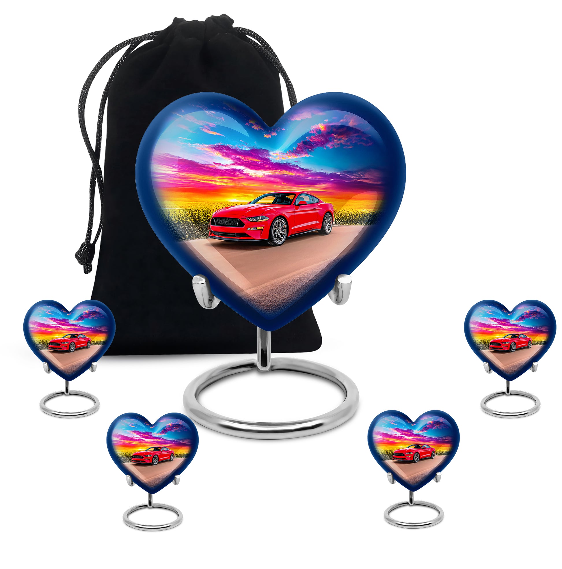 Navy Blue Car Cremation Urn close-up of engraving and surface detail - loving heart memorial featuring car pattern - memorial set with one large and four small urns