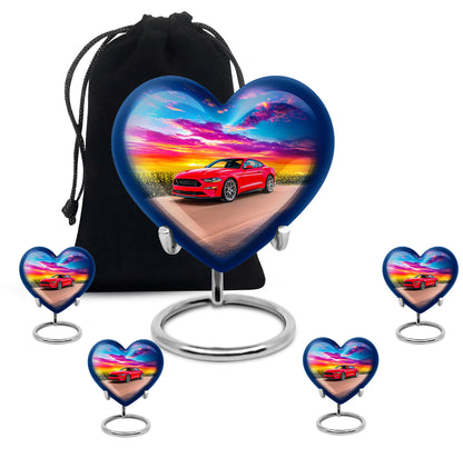 Navy Blue Car Cremation Urn close-up of engraving and surface detail - loving heart memorial featuring car pattern - memorial set with one large and four small urns