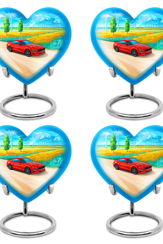 Calming Blue Car Cremation Urn angled view of lid and engraved motif - compassionate heart-car combination with gentle curves - 10 inch aluminum urn for cremated remains