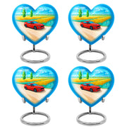 Calming Blue Car Cremation Urn angled view of lid and engraved motif - compassionate heart-car combination with gentle curves - 10 inch aluminum urn for cremated remains