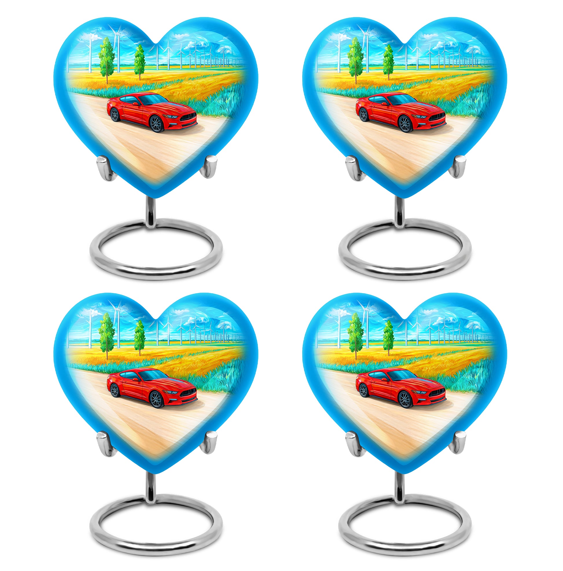 Calming Blue Car Cremation Urn angled view of lid and engraved motif - compassionate heart-car combination with gentle curves - 10 inch aluminum urn for cremated remains