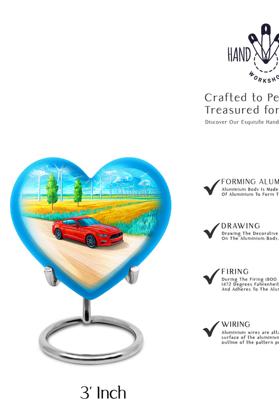 Pastel Blue Car Cremation Urn front view showing detailed design - heart-shaped car design symbolizing eternal love - mini keepsake memorial for portion of cremation ashes
