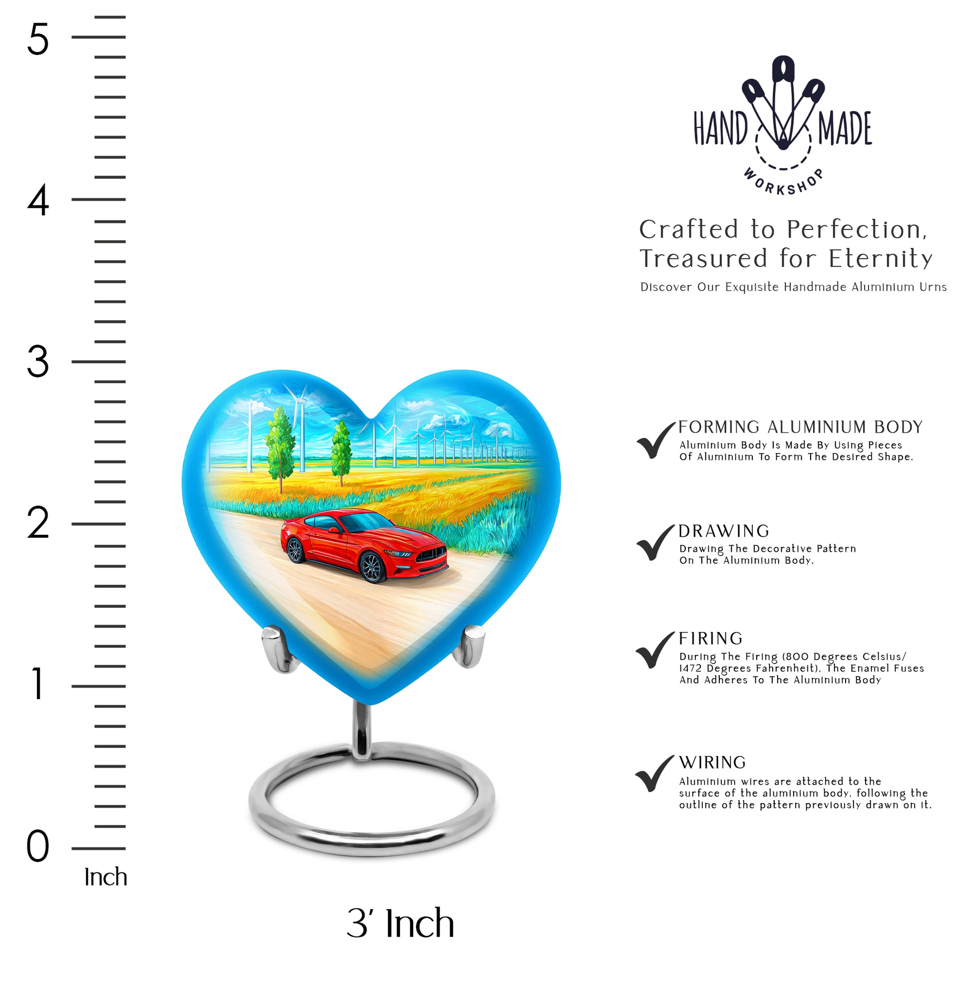 Pastel Blue Car Cremation Urn front view showing detailed design - heart-shaped car design symbolizing eternal love - mini keepsake memorial for portion of cremation ashes