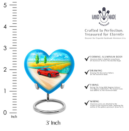 Pastel Blue Car Cremation Urn front view showing detailed design - heart-shaped car design symbolizing eternal love - mini keepsake memorial for portion of cremation ashes