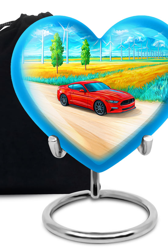 Soft Blue Car Cremation Urn detail view - romantic heart urn with car motif on aluminum - full-size 10 inch 200 cubic inch adult cremation urn