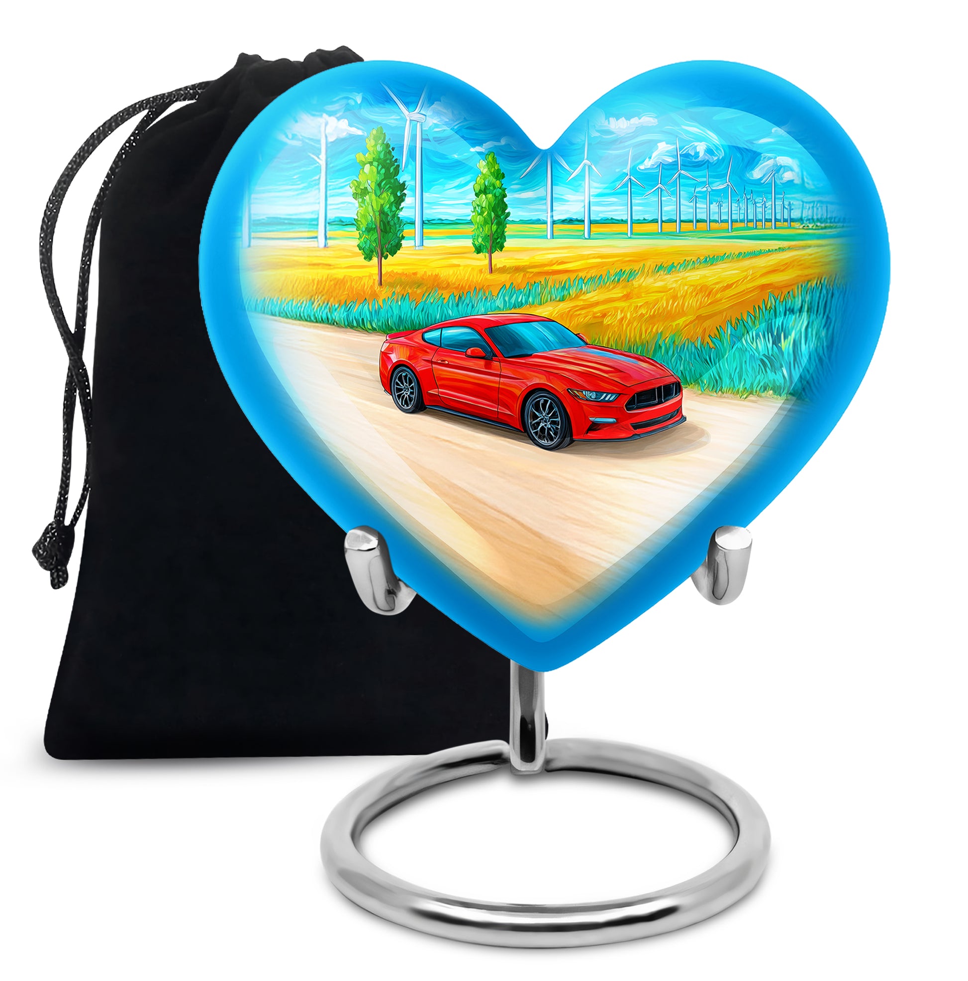 Soft Blue Car Cremation Urn detail view - romantic heart urn with car motif on aluminum - full-size 10 inch 200 cubic inch adult cremation urn