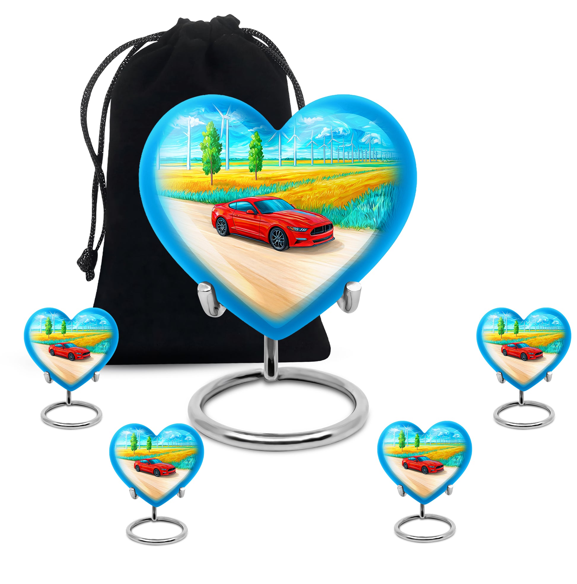 Royal Blue Car Cremation Urn close-up of engraving and surface detail - romantic heart urn with car motif on aluminum - memorial set with one large and four small urns