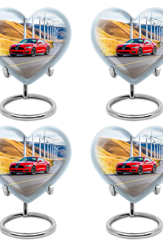 Misty Blue Car Cremation Urn angled view of lid and engraved motif - heart-shaped car design symbolizing eternal love - 10 inch aluminum urn for cremated remains
