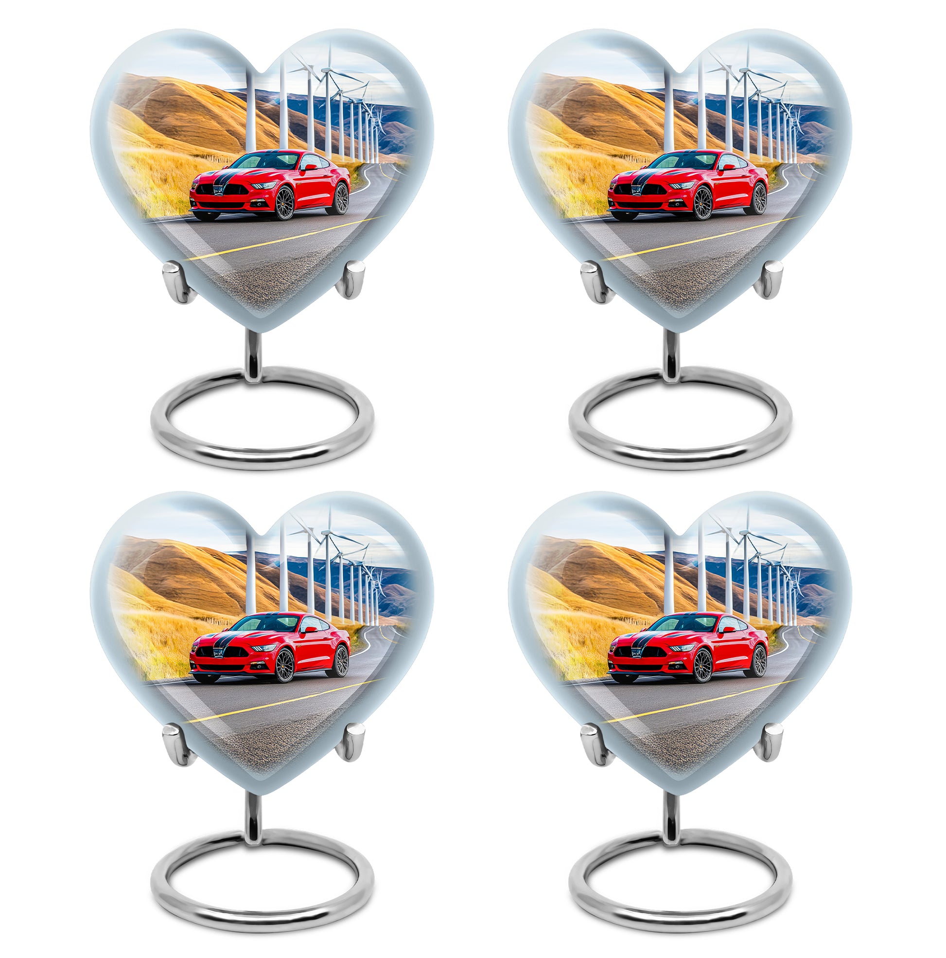 Misty Blue Car Cremation Urn angled view of lid and engraved motif - heart-shaped car design symbolizing eternal love - 10 inch aluminum urn for cremated remains