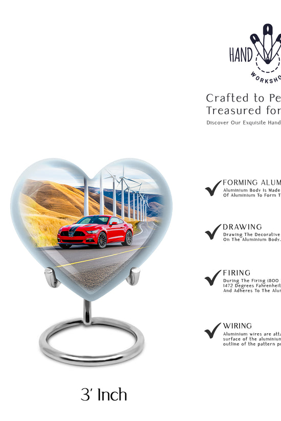 Dusty Blue Car Cremation Urn front view showing detailed design - heart-shaped car design symbolizing eternal love - mini keepsake memorial for portion of cremation ashes