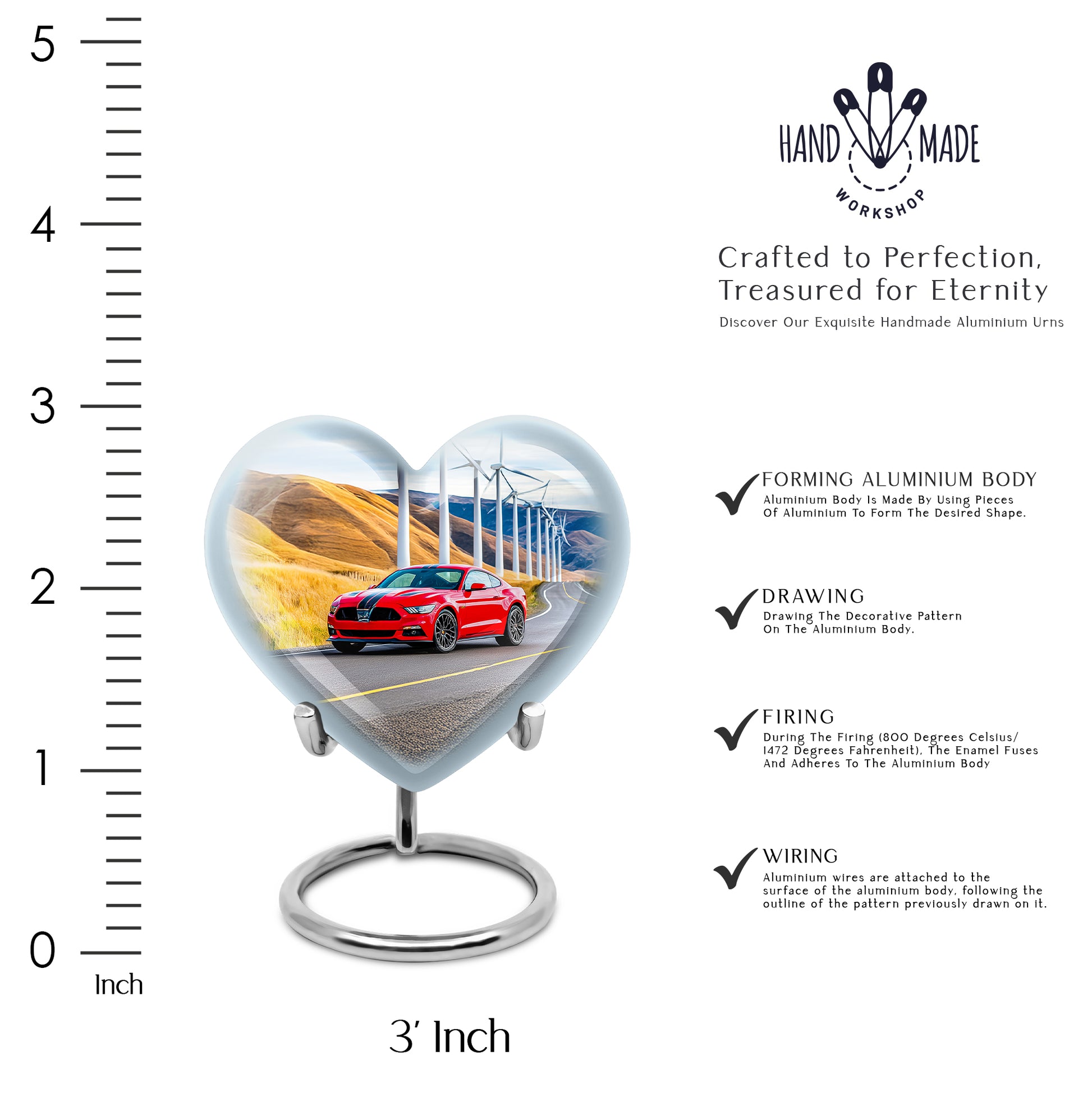Dusty Blue Car Cremation Urn front view showing detailed design - heart-shaped car design symbolizing eternal love - mini keepsake memorial for portion of cremation ashes