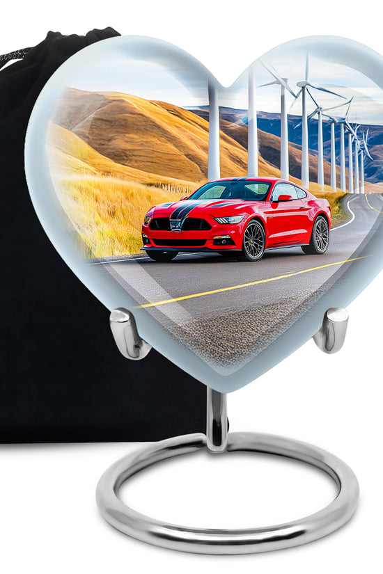 Dusty Blue Car Cremation Urn detail view - loving heart memorial featuring car pattern - full-size 10 inch 200 cubic inch adult cremation urn