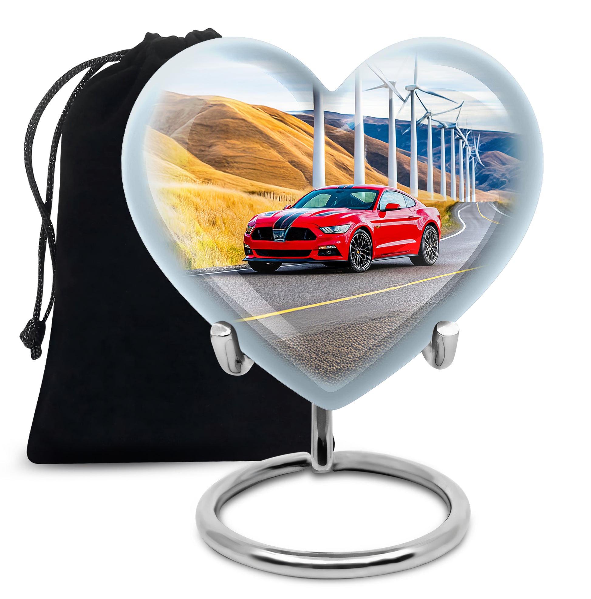 Dusty Blue Car Cremation Urn detail view - loving heart memorial featuring car pattern - full-size 10 inch 200 cubic inch adult cremation urn