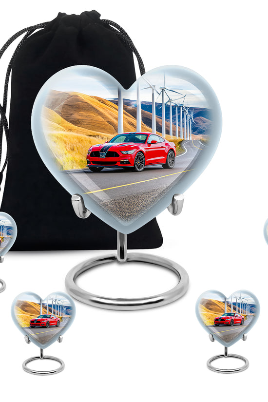 Vivid Blue Car Cremation Urn close-up of engraving and surface detail - romantic heart urn with car motif on aluminum - memorial set with one large and four small urns