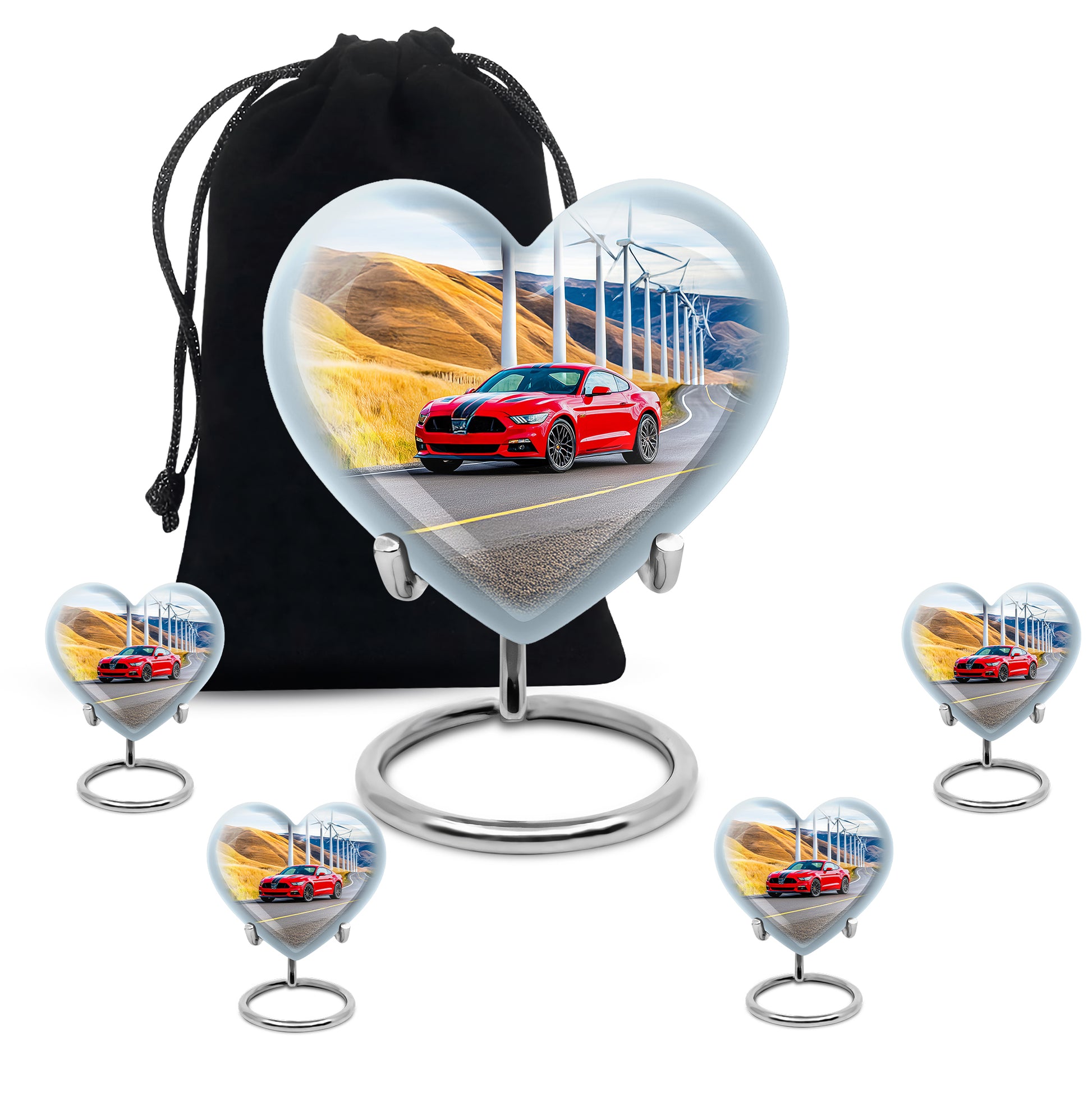 Vivid Blue Car Cremation Urn close-up of engraving and surface detail - romantic heart urn with car motif on aluminum - memorial set with one large and four small urns