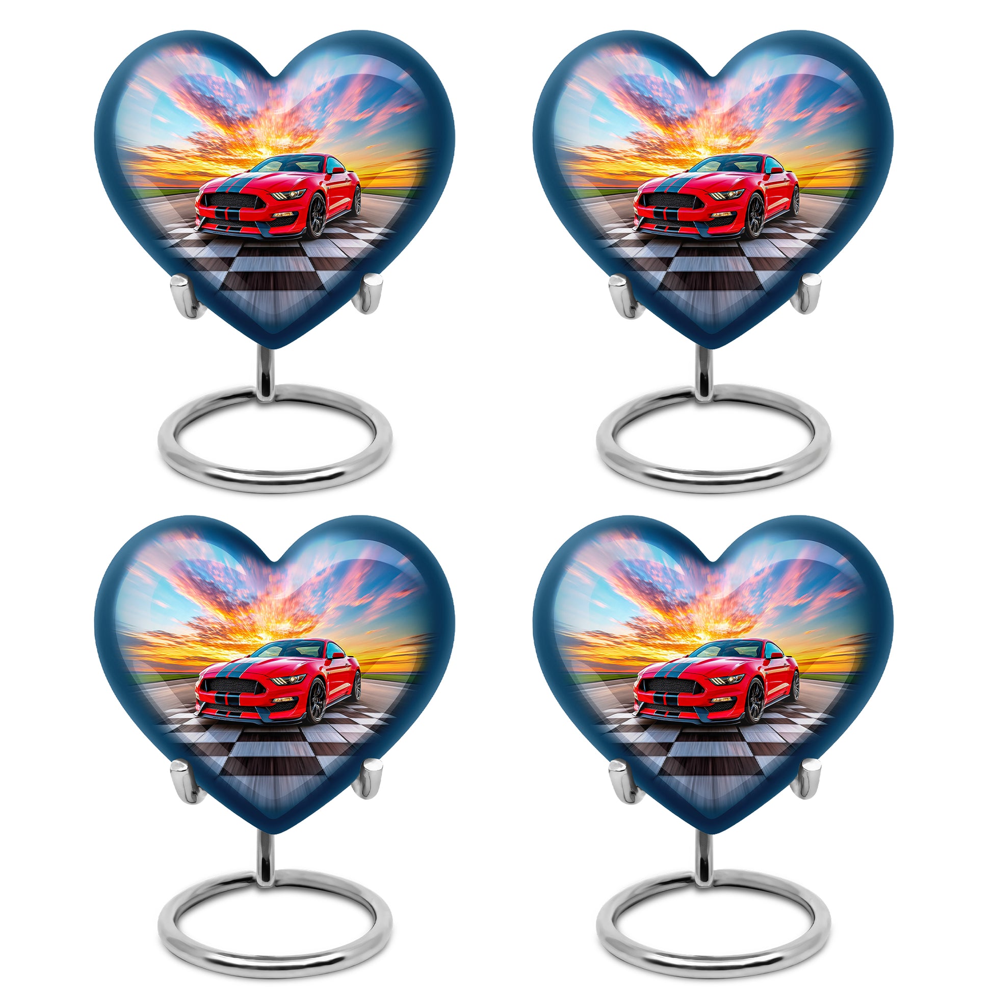 Soft Blue Car Cremation Urn angled view of lid and engraved motif - romantic heart urn with car motif on aluminum - 10 inch aluminum urn for cremated remains
