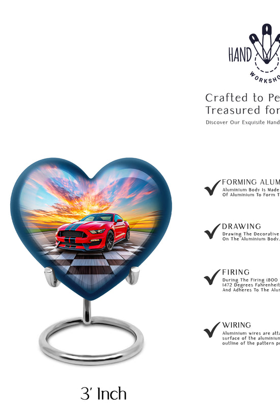 Sapphire Blue Car Cremation Urn front view showing detailed design - romantic heart urn with car motif on aluminum - mini keepsake memorial for portion of cremation ashes
