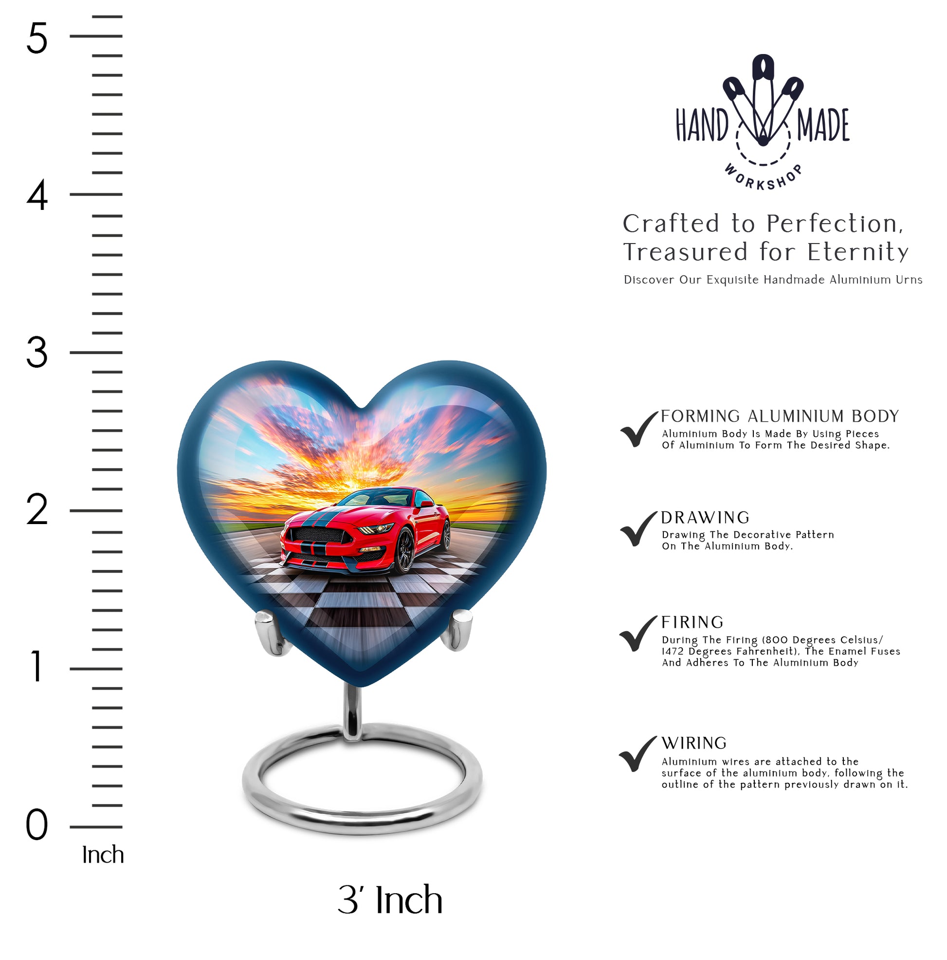 Sapphire Blue Car Cremation Urn front view showing detailed design - romantic heart urn with car motif on aluminum - mini keepsake memorial for portion of cremation ashes