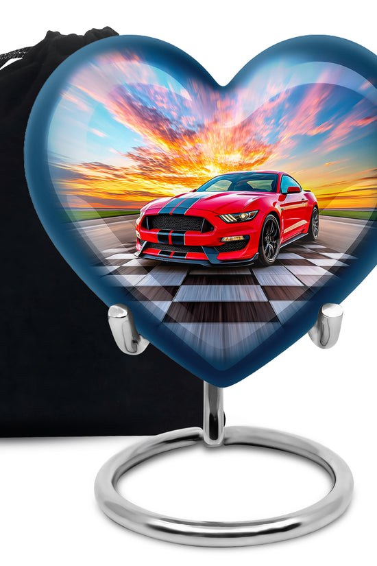 Soft Blue Car Cremation Urn detail view - romantic heart urn with car motif on aluminum - full-size 10 inch 200 cubic inch adult cremation urn