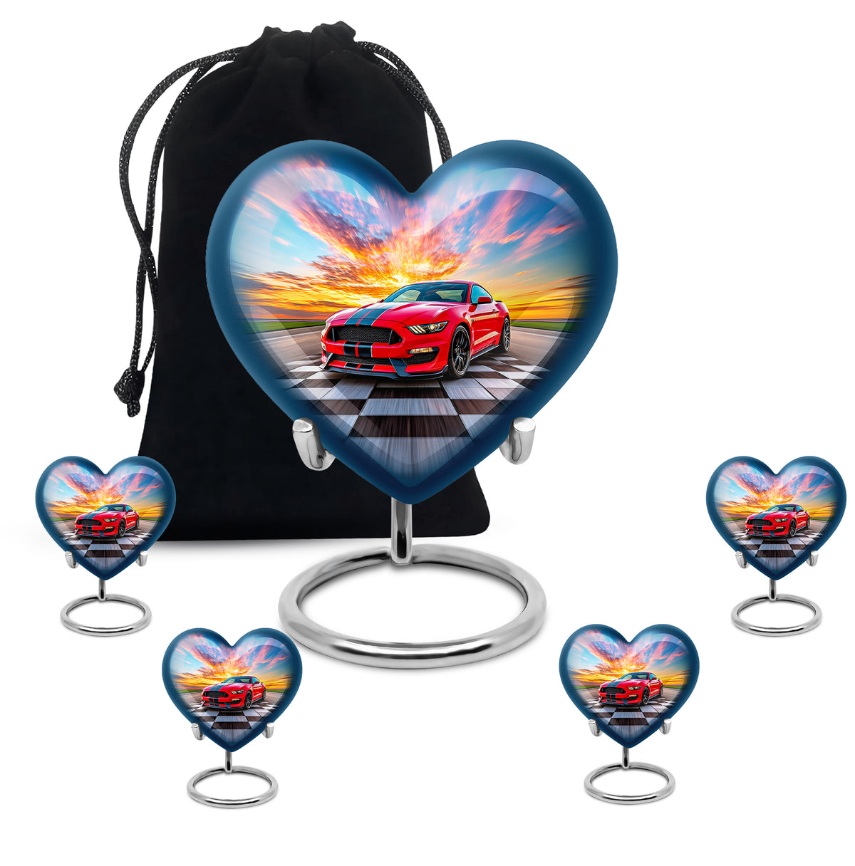 Calming Blue Car Cremation Urn close-up of engraving and surface detail - compassionate heart-car combination with gentle curves - memorial set with one large and four small urns