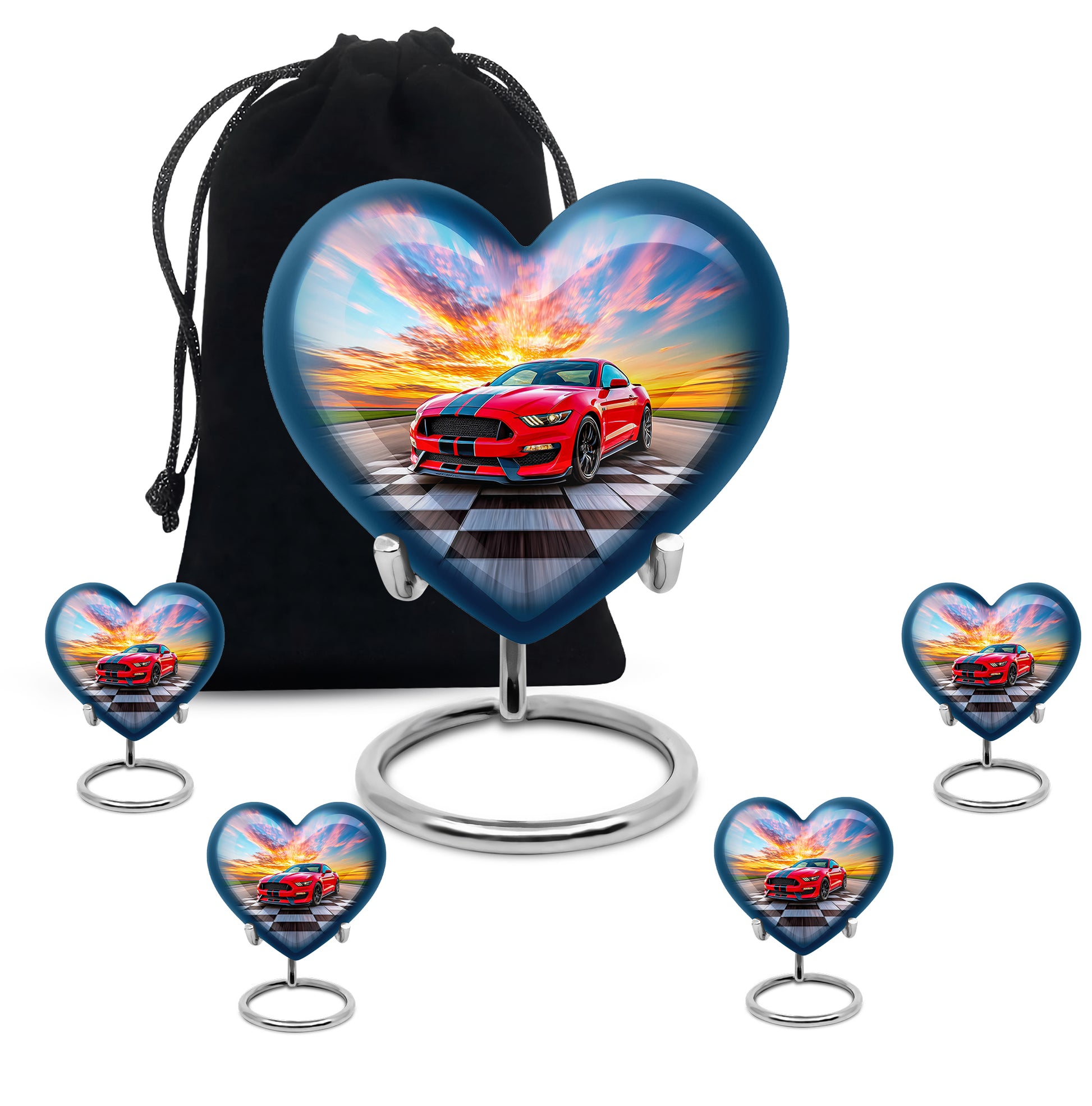 Calming Blue Car Cremation Urn close-up of engraving and surface detail - compassionate heart-car combination with gentle curves - memorial set with one large and four small urns