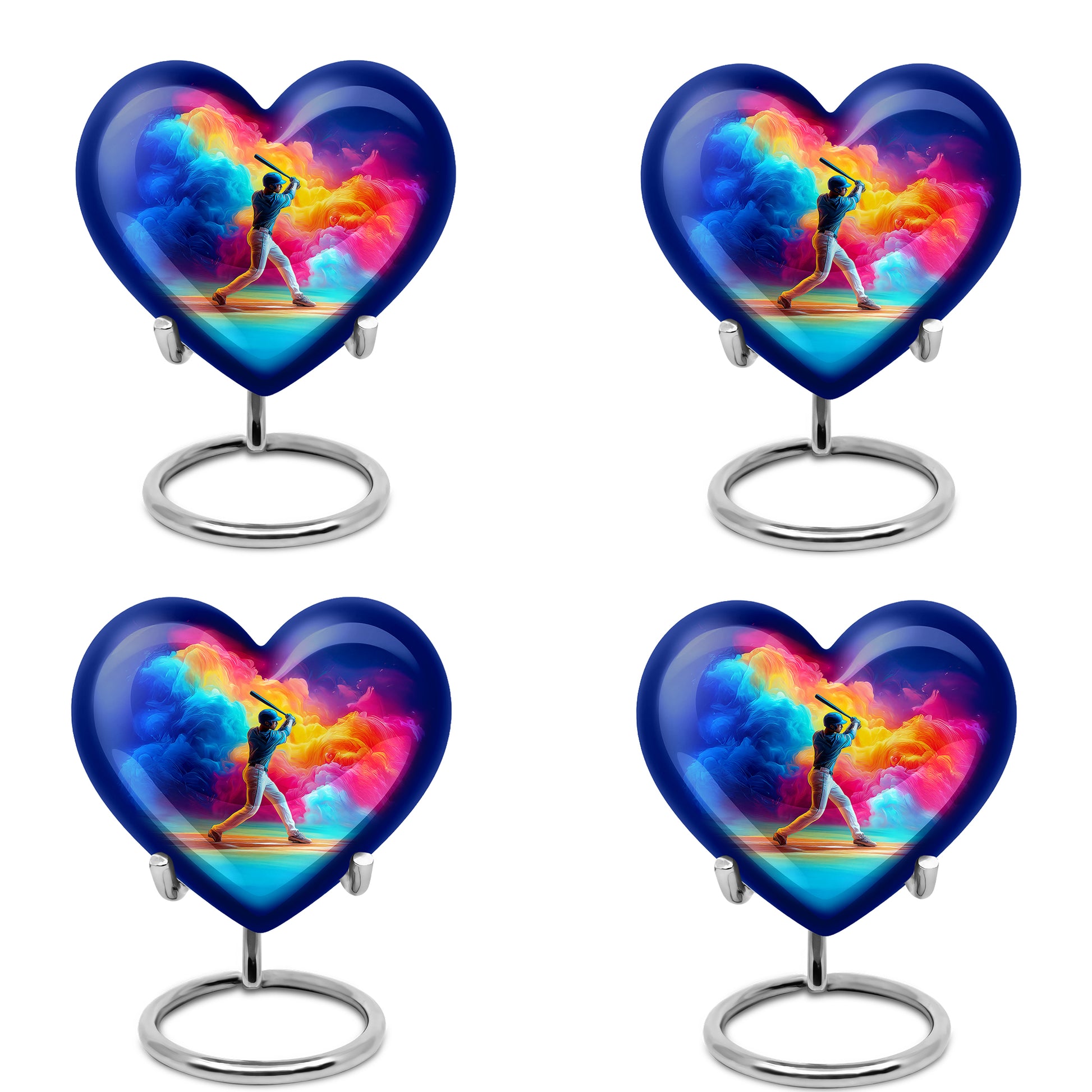 Slate Blue Baseball Cremation Urn angled view of lid and engraved motif - heart-shaped baseball design symbolizing eternal love - 10 inch aluminum urn for cremated remains
