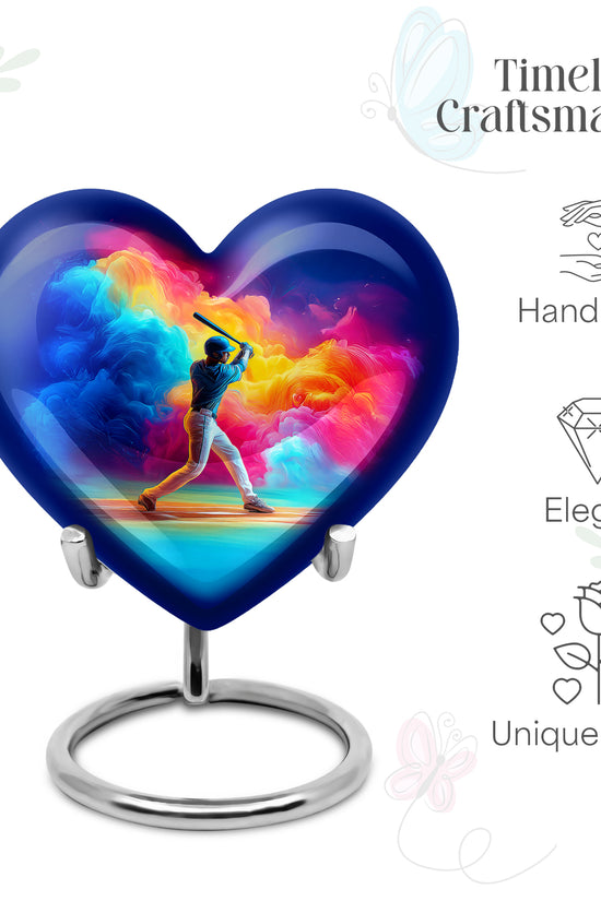 Serene Blue Baseball Cremation Urn front view showing detailed design - compassionate heart-baseball combination with gentle curves - mini keepsake memorial for portion of cremation ashes