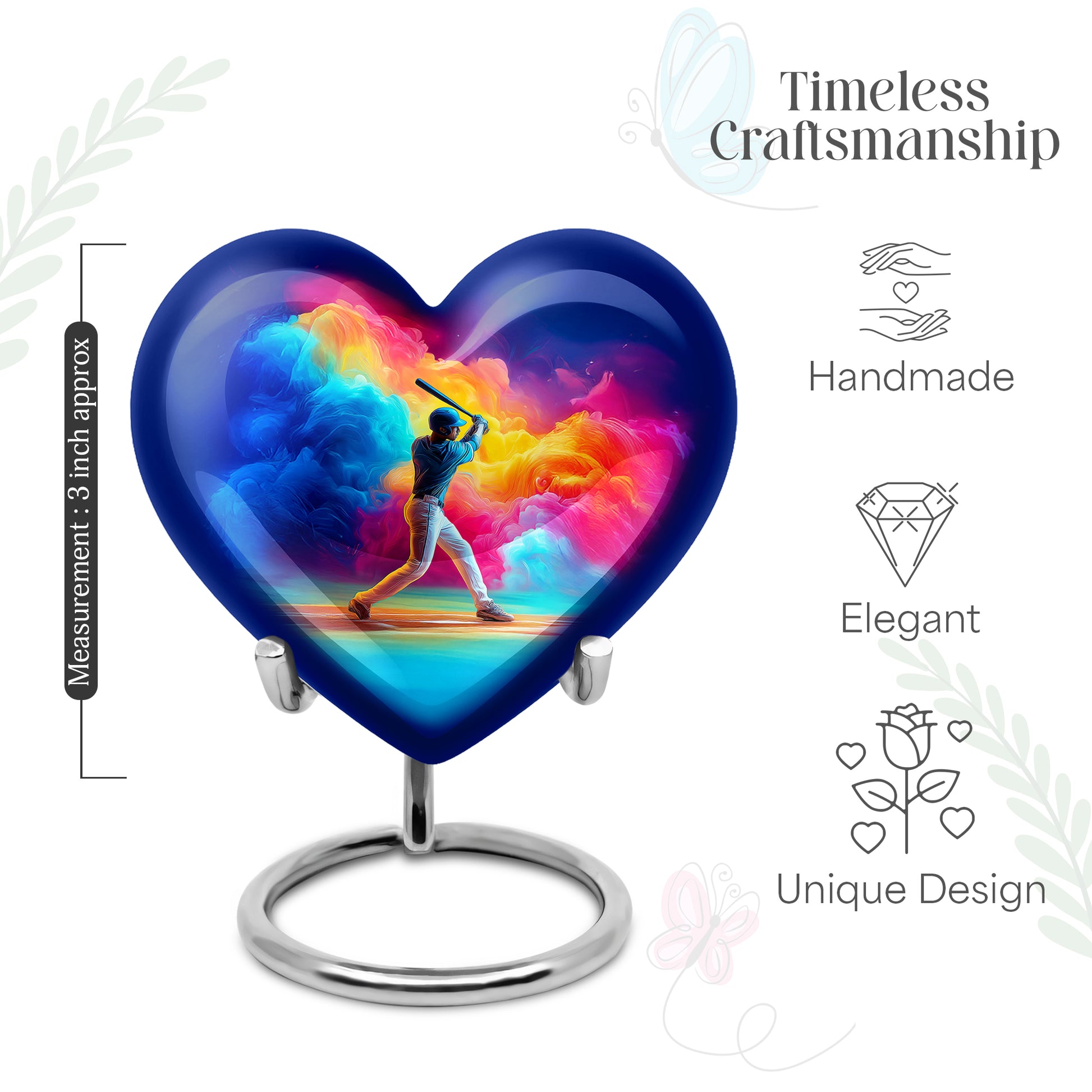 Serene Blue Baseball Cremation Urn front view showing detailed design - compassionate heart-baseball combination with gentle curves - mini keepsake memorial for portion of cremation ashes