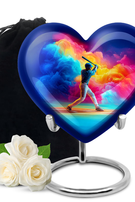 Vivid Blue Baseball Cremation Urn detail view - compassionate heart-baseball combination with gentle curves - full-size 10 inch 200 cubic inch adult cremation urn