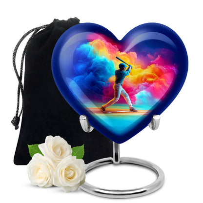 Vivid Blue Baseball Cremation Urn detail view - compassionate heart-baseball combination with gentle curves - full-size 10 inch 200 cubic inch adult cremation urn