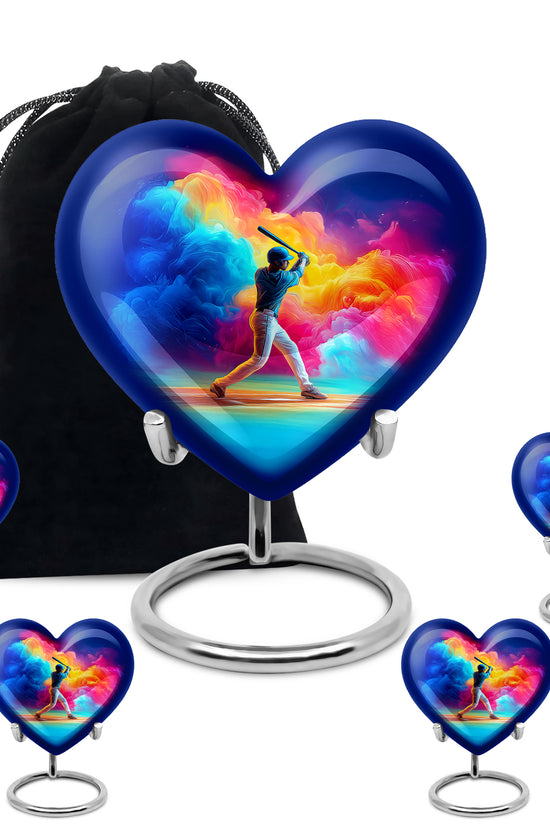 Royal Blue Baseball Cremation Urn close-up of engraving and surface detail - compassionate heart-baseball combination with gentle curves - memorial set with one large and four small urns