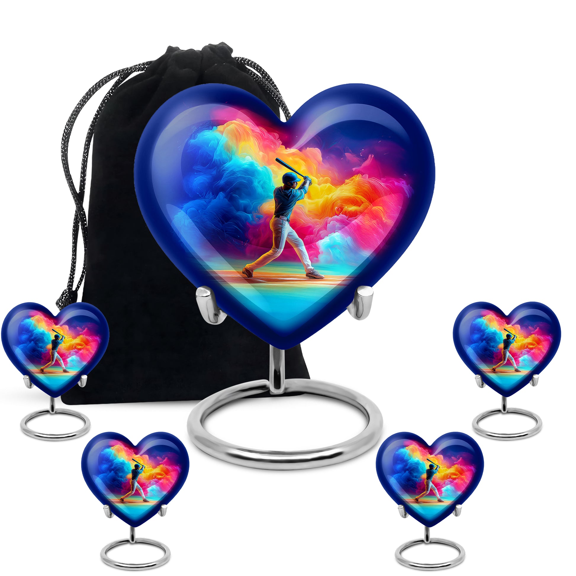 Royal Blue Baseball Cremation Urn close-up of engraving and surface detail - compassionate heart-baseball combination with gentle curves - memorial set with one large and four small urns