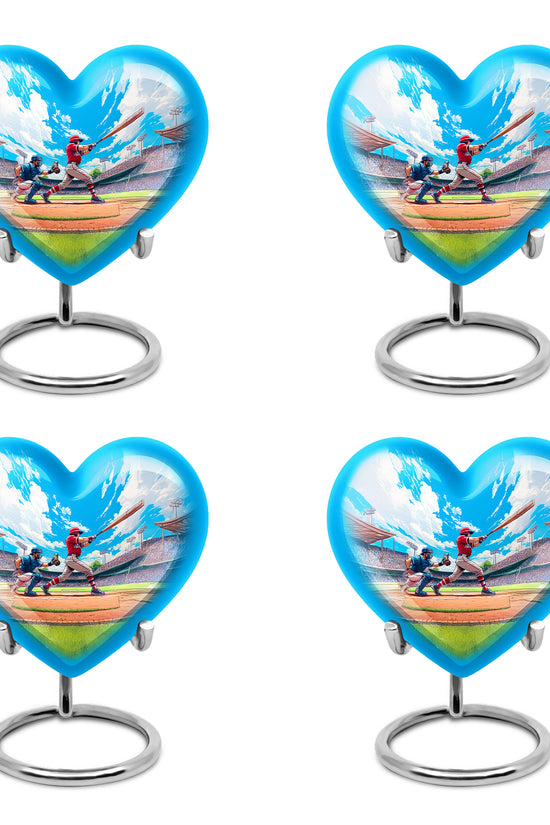 Dusty Blue Baseball Cremation Urn angled view of lid and engraved motif - heart-shaped baseball design symbolizing eternal love - 10 inch aluminum urn for cremated remains