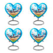 Dusty Blue Baseball Cremation Urn angled view of lid and engraved motif - heart-shaped baseball design symbolizing eternal love - 10 inch aluminum urn for cremated remains