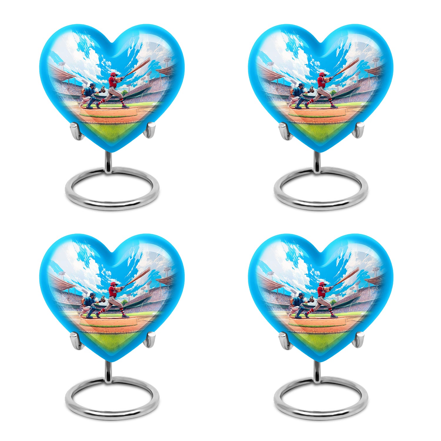 Dusty Blue Baseball Cremation Urn angled view of lid and engraved motif - heart-shaped baseball design symbolizing eternal love - 10 inch aluminum urn for cremated remains