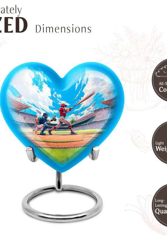 Bright Blue Baseball Cremation Urn front view showing detailed design - compassionate heart-baseball combination with gentle curves - mini keepsake memorial for portion of cremation ashes