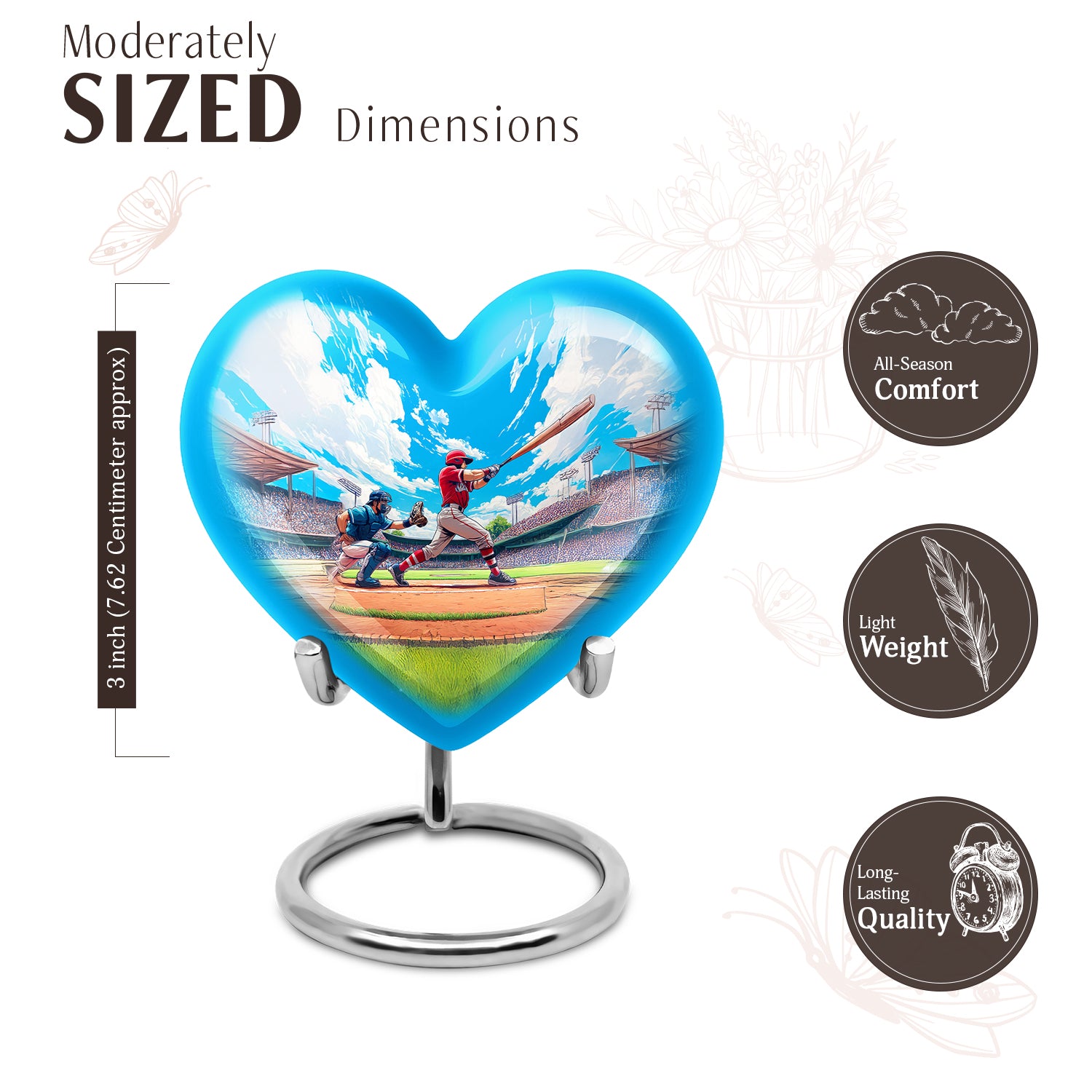 Bright Blue Baseball Cremation Urn front view showing detailed design - compassionate heart-baseball combination with gentle curves - mini keepsake memorial for portion of cremation ashes