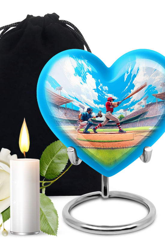Cornflower Blue Baseball Cremation Urn detail view - romantic heart urn with baseball motif on aluminum - full-size 10 inch 200 cubic inch adult cremation urn