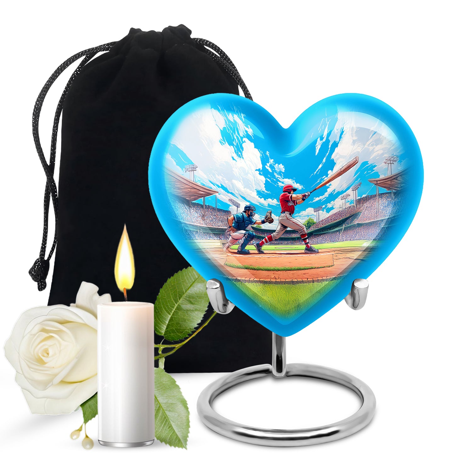 Cornflower Blue Baseball Cremation Urn detail view - romantic heart urn with baseball motif on aluminum - full-size 10 inch 200 cubic inch adult cremation urn