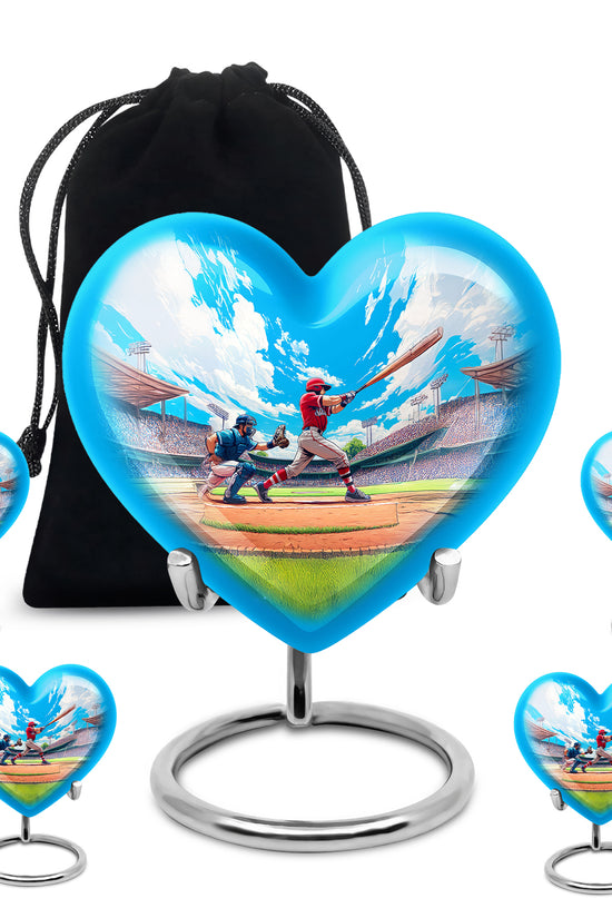 Cobalt Blue Baseball Cremation Urn close-up of engraving and surface detail - compassionate heart-baseball combination with gentle curves - memorial set with one large and four small urns