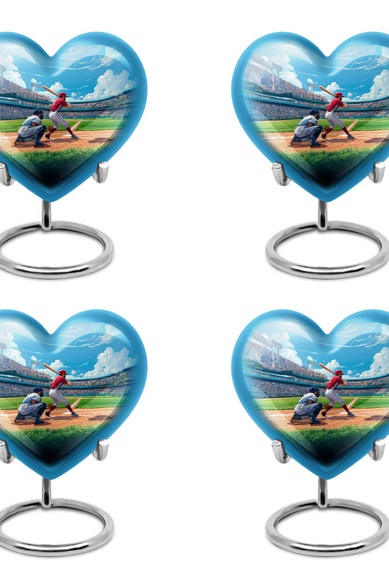 Calming Blue Baseball Cremation Urn angled view of lid and engraved motif - compassionate heart-baseball combination with gentle curves - 10 inch aluminum urn for cremated remains