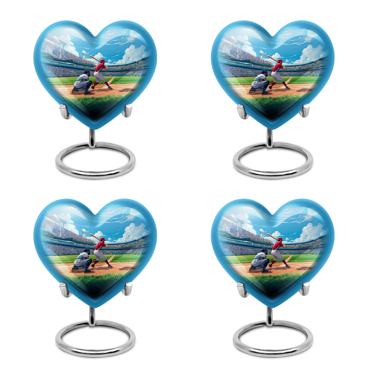 Calming Blue Baseball Cremation Urn angled view of lid and engraved motif - compassionate heart-baseball combination with gentle curves - 10 inch aluminum urn for cremated remains