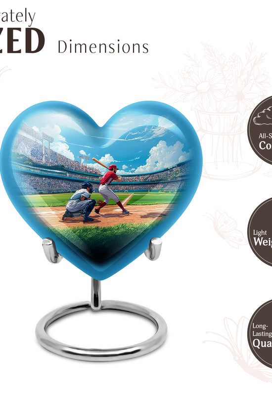 Calming Blue Baseball Cremation Urn front view showing detailed design - compassionate heart-baseball combination with gentle curves - mini keepsake memorial for portion of cremation ashes