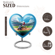 Calming Blue Baseball Cremation Urn front view showing detailed design - compassionate heart-baseball combination with gentle curves - mini keepsake memorial for portion of cremation ashes